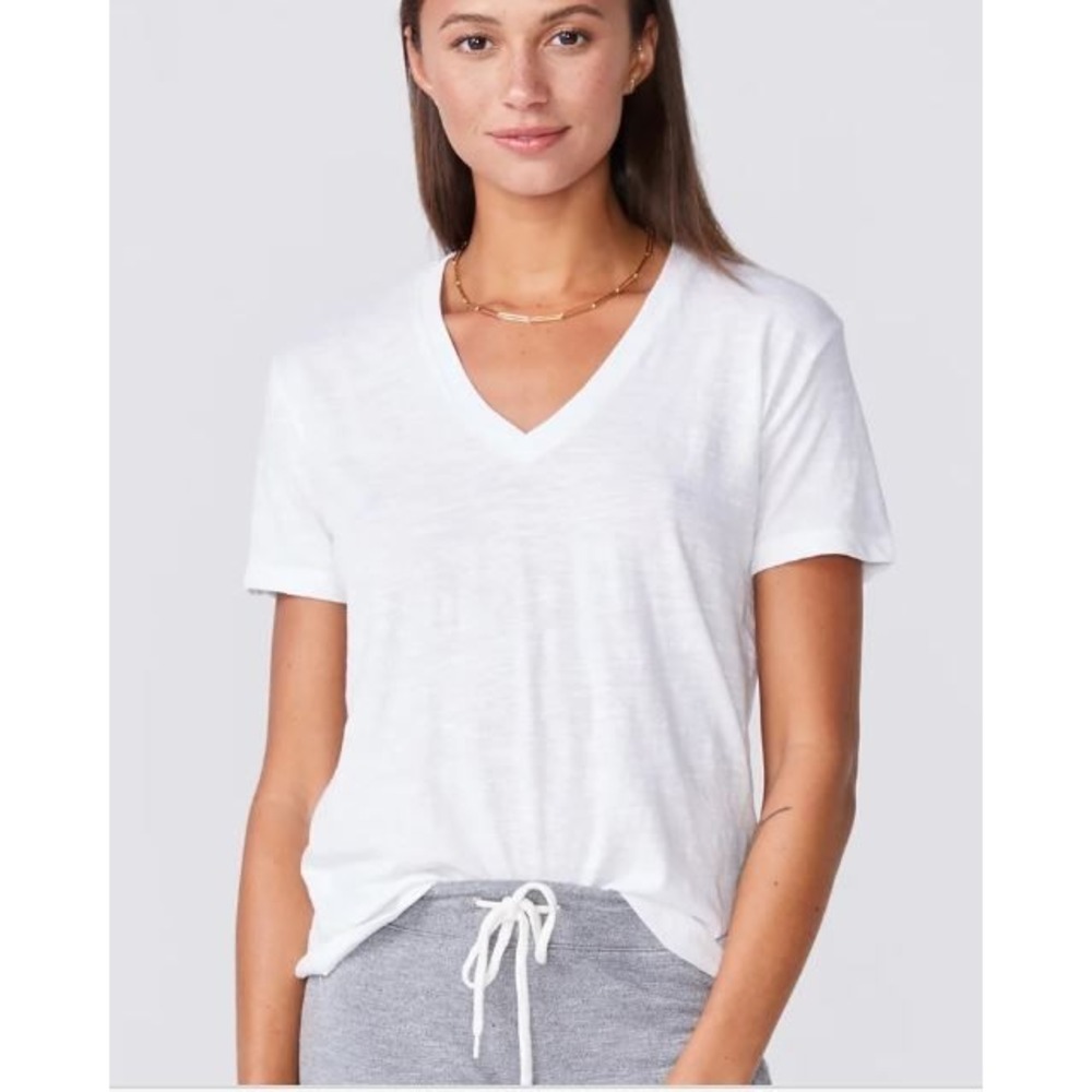 Monrow Classic White V-Neck Short Sleeve Luxury T-Shirt Cotton Size L